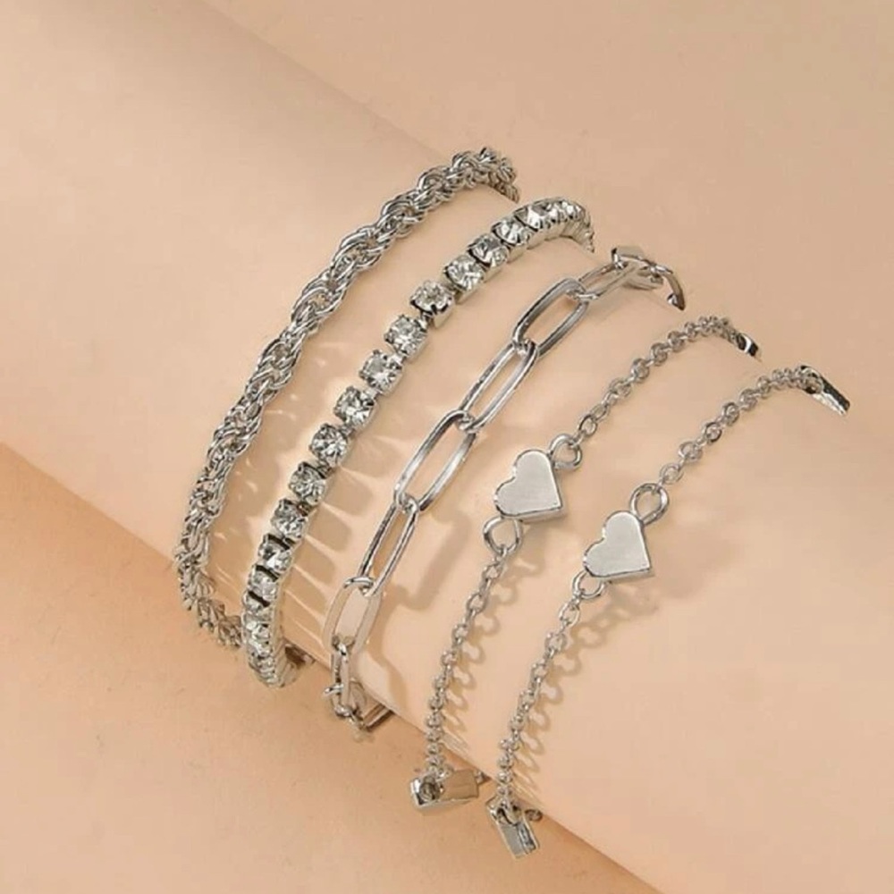 5pcs Rhinestone & Heart Decor Bracelet For Women Fashion Jewelry Gift We… - Picture 1 of 5